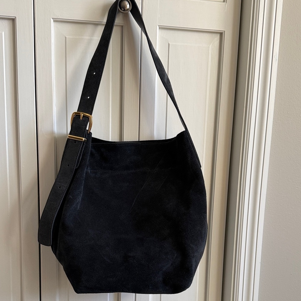 Madewell Navy Suede Shoulder Bag with Gold Buckle